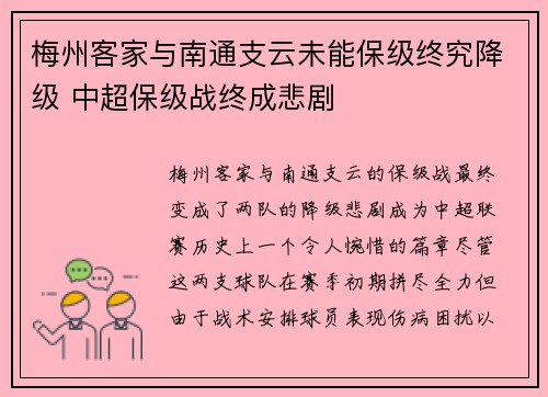 梅州客家与南通支云未能保级终究降级 中超保级战终成悲剧